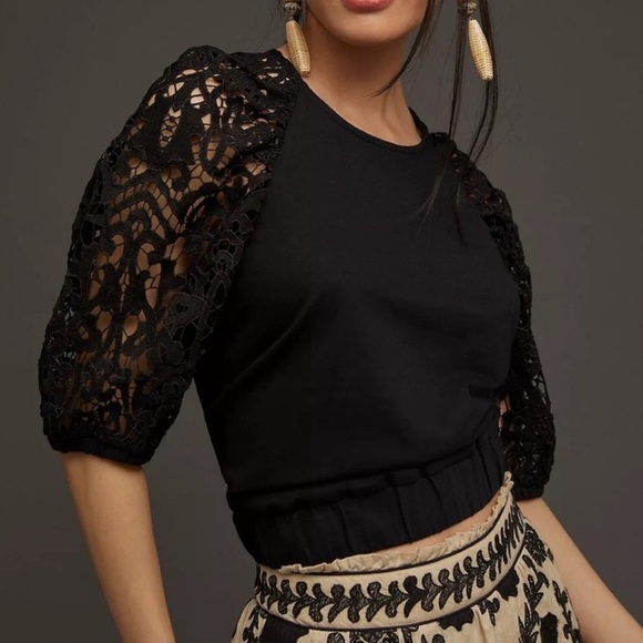 dolan Tops - Dolan from Anthropologie Black Crochet Lace Short Sleeve Top, Size XS
